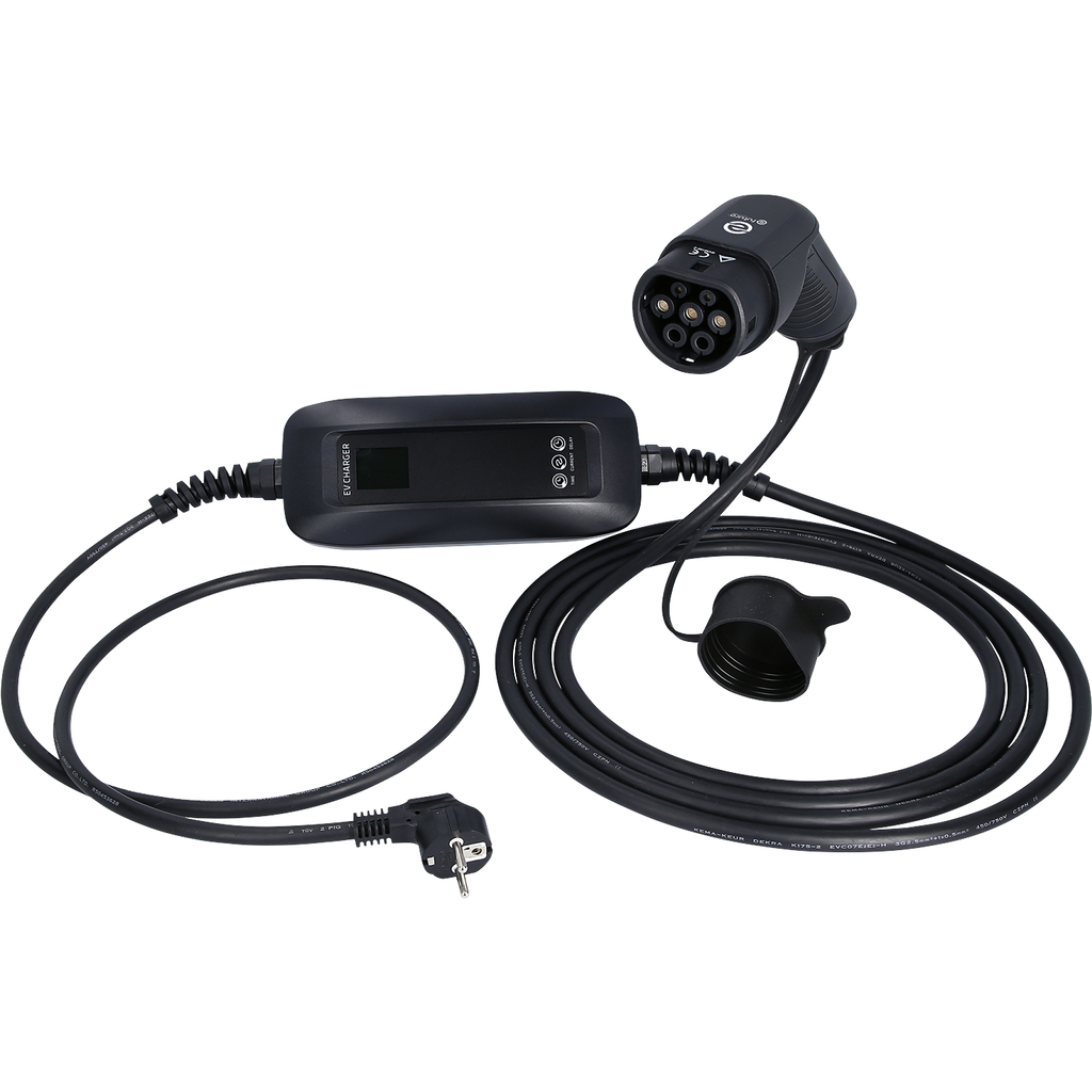 efuturo mobil laddningsstation med typ 2-laddningskabel. enfas. upp till 3.7 kW. upp till 16 A. 230 V. läge 2. LCD-display. schuko-kontakt