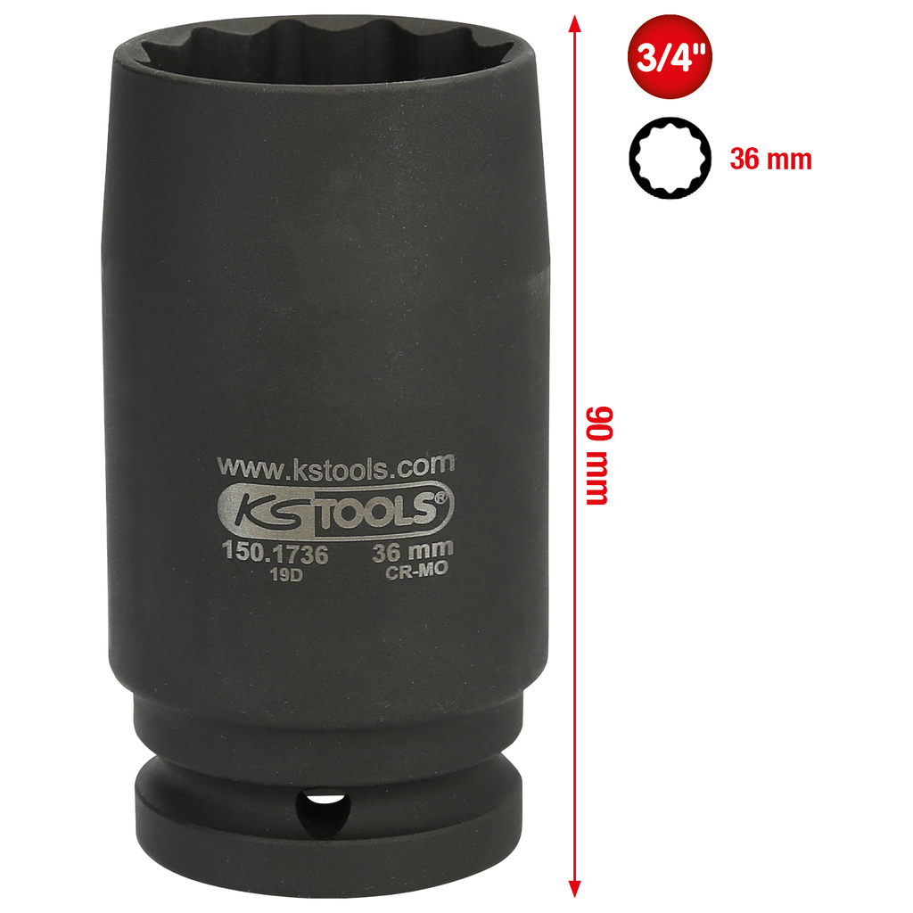 3/4" 12-kant-drivaxel-krafthylsa-tunnväggig. 36 mm