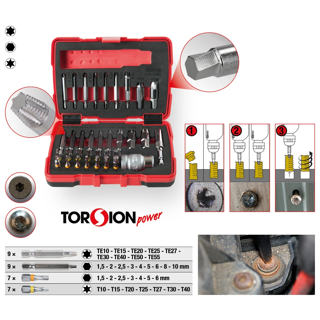 1/4" + 10 mm Torx- och insexkantskruvdragarsats. 34 delar