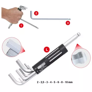 3-i-1 insex vinkelstiftnyckelsats. 8-delar. lång. kulhuvud