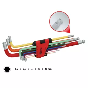 Sats vinkelstiftnyckel med kulhuvud och insexkant. extra lång. 9 delar. tum