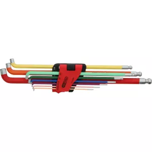 Sats vinkelstiftnyckel med kulhuvud och insexkant. vinklad 108°. 9 delar. tum