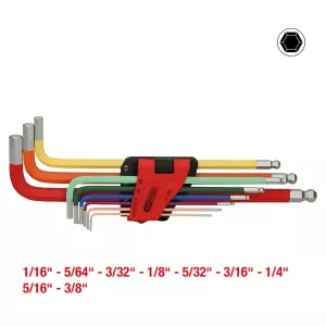 Sats vinkelstiftnyckel med kulhuvud och insexkant i klaffhållare. extra lång. 9 delar. tum