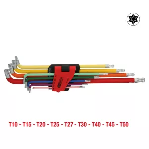 Sats vinkelstiftnyckel med kulhuvud och Torx. extra lång och vinklad 108°. 9 delar