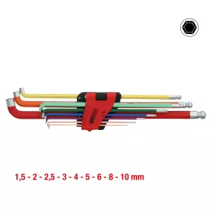 Sats vinkelstiftnyckel med kulhuvud och insexkant. vinklad 108°. 9 delar