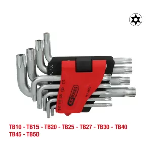 Torx-vinkelstiftnyckelsats med hål. kort. 9-delar. TB10-TB50