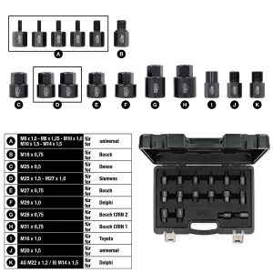 Iskruvningsadapter-sats för injektor-utdragare. 16 delar
