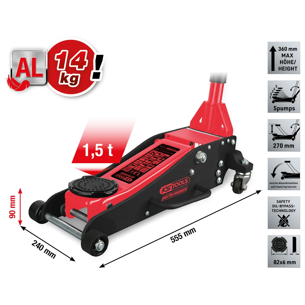 performance hydraulisk aluminiumdomkraft. 1 500 kg. lyfthöjd: 90–360 mm
