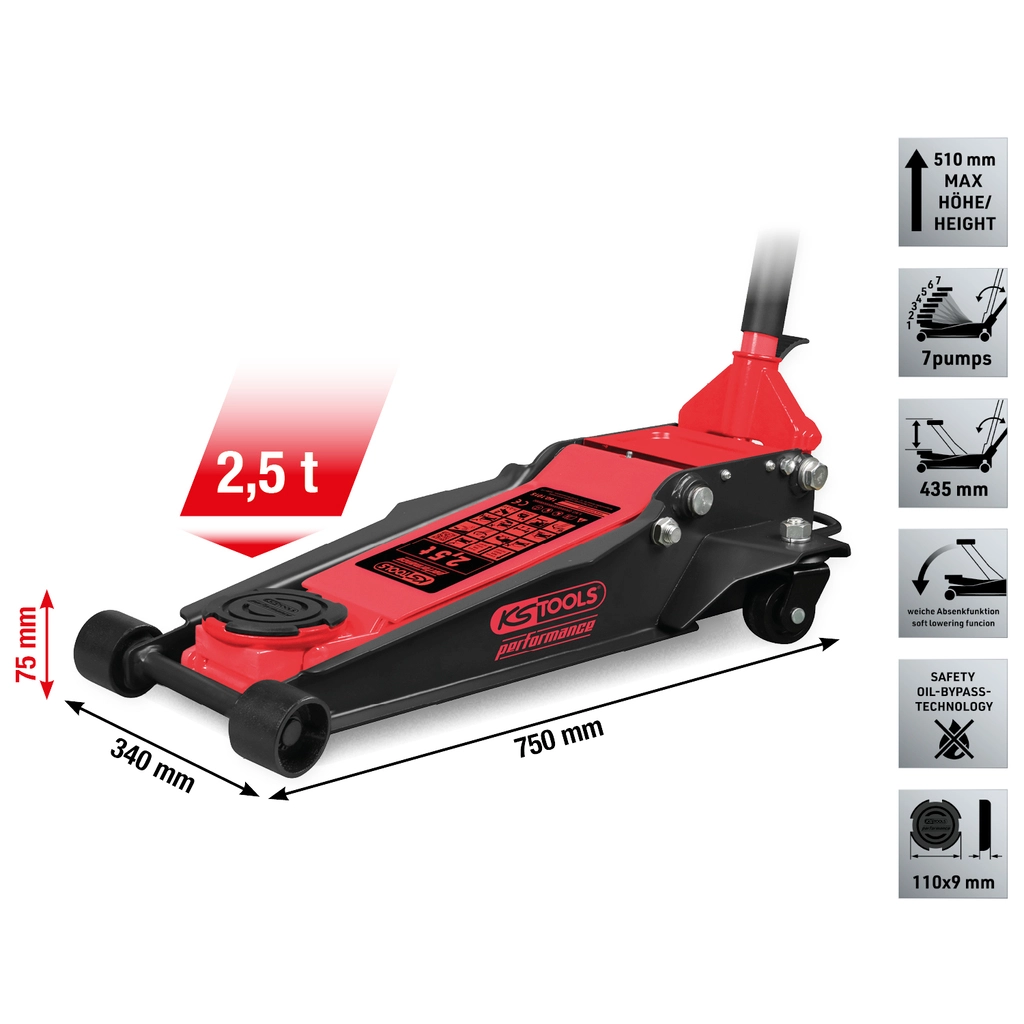 performance hydraulisk ståldomkraft 2 500 kg. platt. lyfthöjd: 75–510 mm