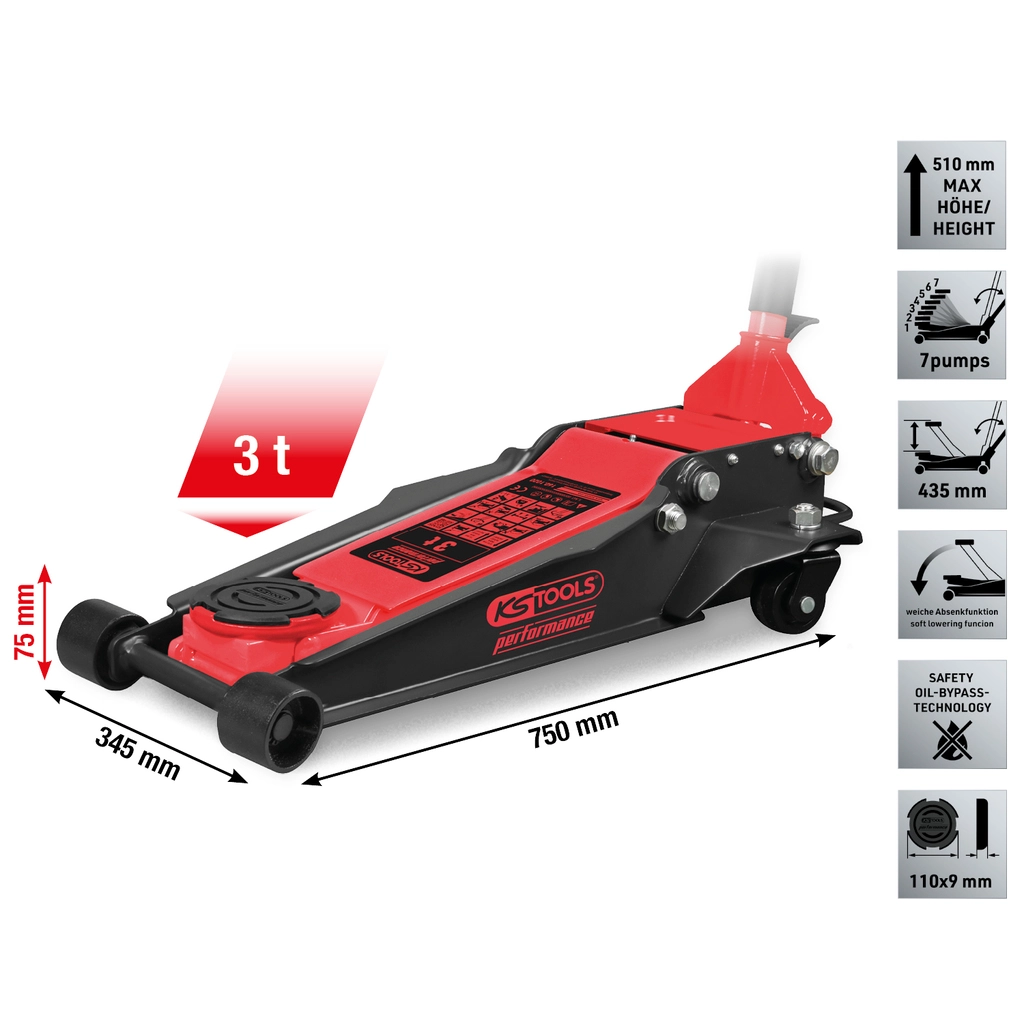 performance hydraulisk ståldomkraft 3000 kg. platt. lyfthöjd: 75–510 mm