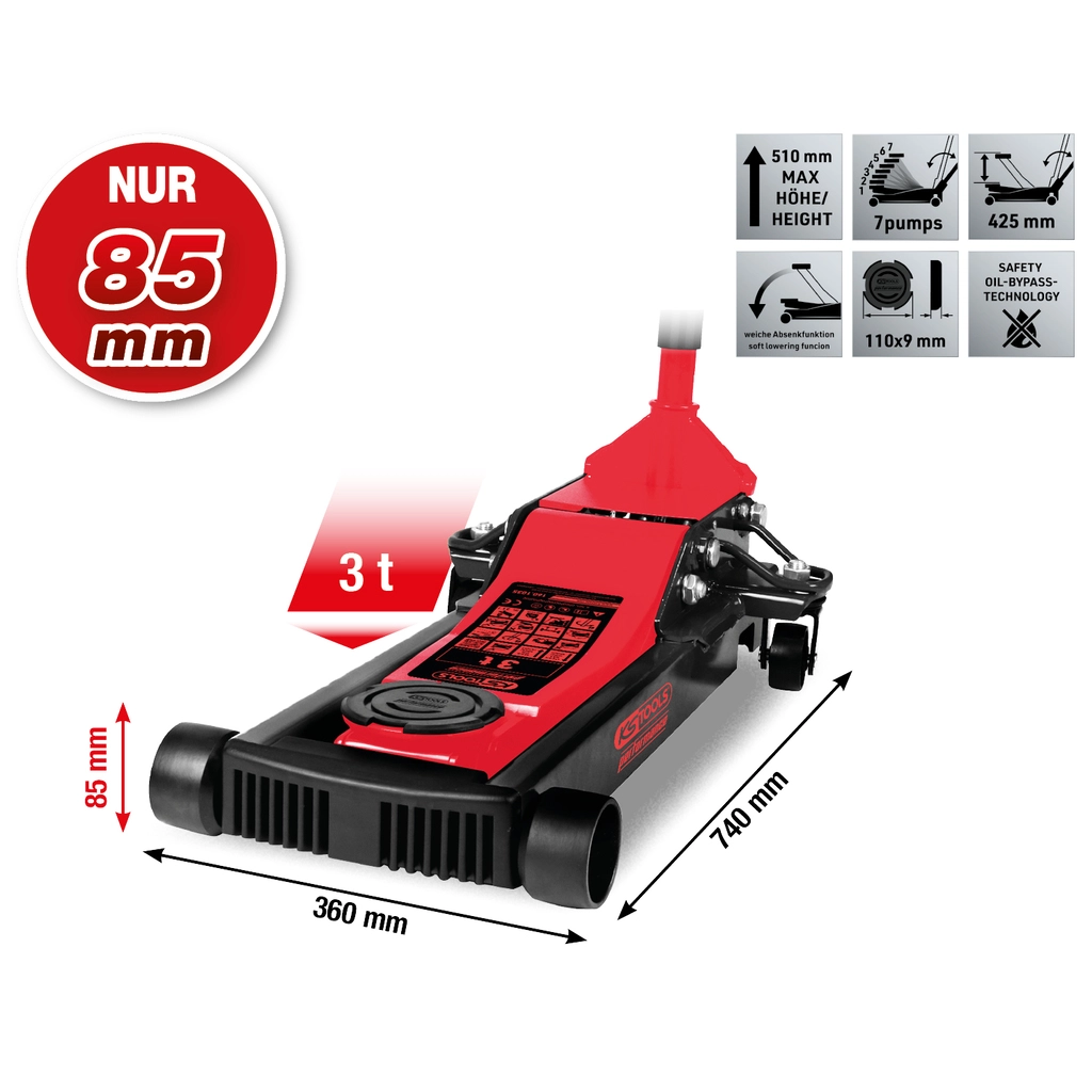 performance hydraulisk ståldomkraft 3000 kg. platt. lyfthöjd: 85–510 mm