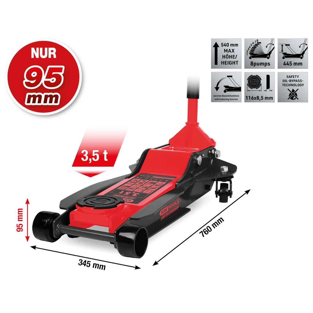 performance hydraulisk ståldomkraft 3500 kg. platt. lyfthöjd: 95–540 mm