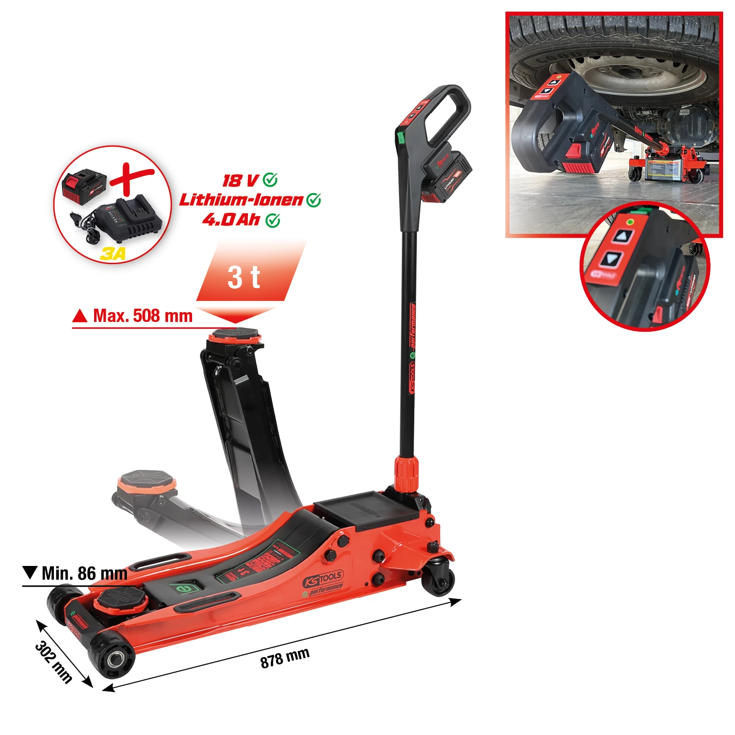 e-performance hydraulisk sladdlös domkraft. 3 t. max. höjd 616 mm