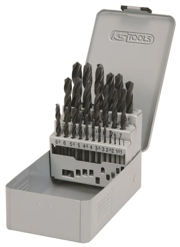 HSS-G spiralborrsats. låda i stålplåt 25-delar 1-13mm