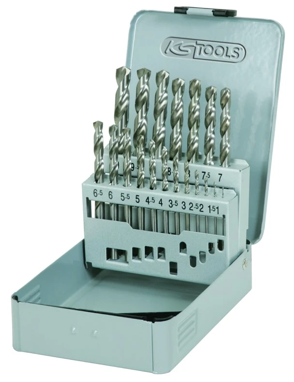 HSS-G spiralborrsats. låda i stålplåt 19-delar 1-10mm
