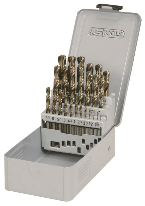 HSS-G Co 5 spiralborrsats. låda i stålplåt 25-delar 1-13mm