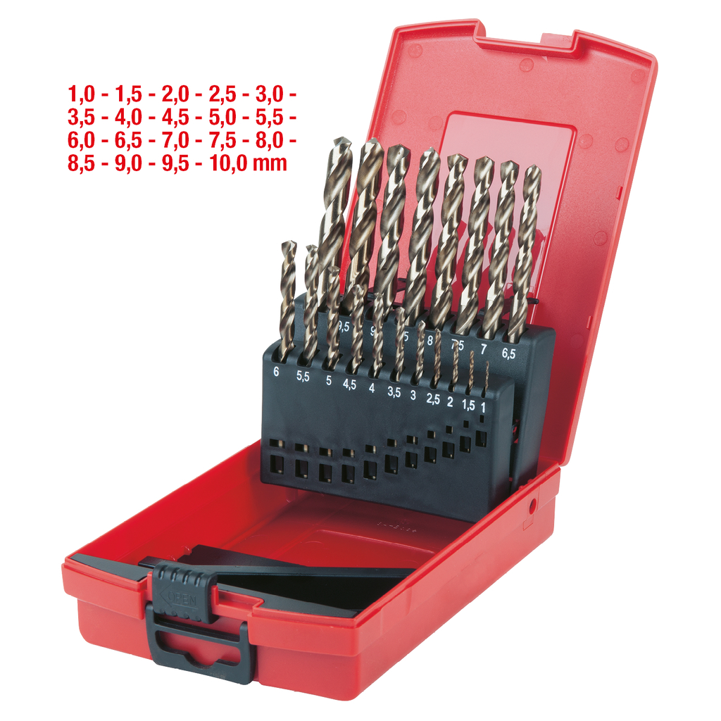 HSS-G Co 5 spiralborrsats. låda i plast 19-delar 1-10mm