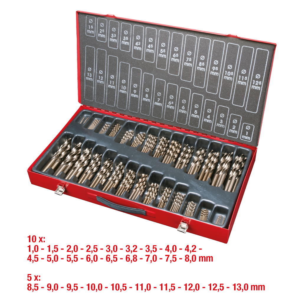 HSS-G Co 5 spiralborrsats. låda i stålplåt 230-delar 1-13mm