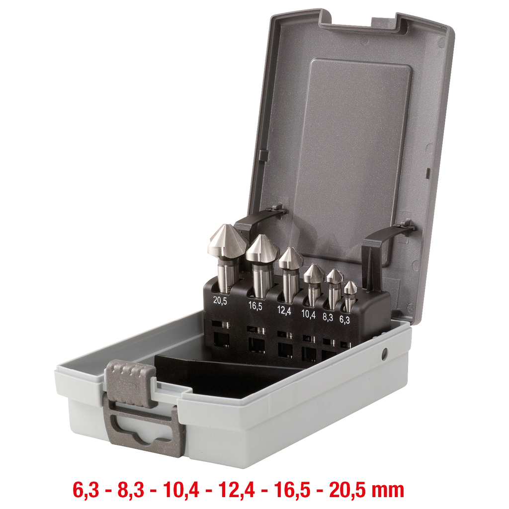 HSS kul- och avgradningssänkare-sats. plastkassett 6-delar