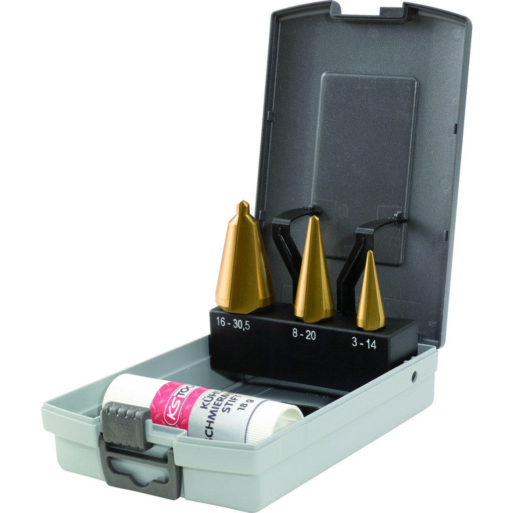 HSS TiN plåtskalborr-sats. plastkassett 4-delar