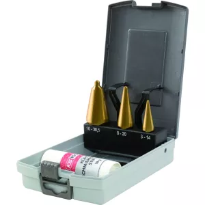 HSS TiN plåtskalborr-sats. plastkassett 4-delar