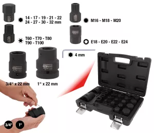 Krafthylssats. 23 delar. 3/4 tum + 1 tum