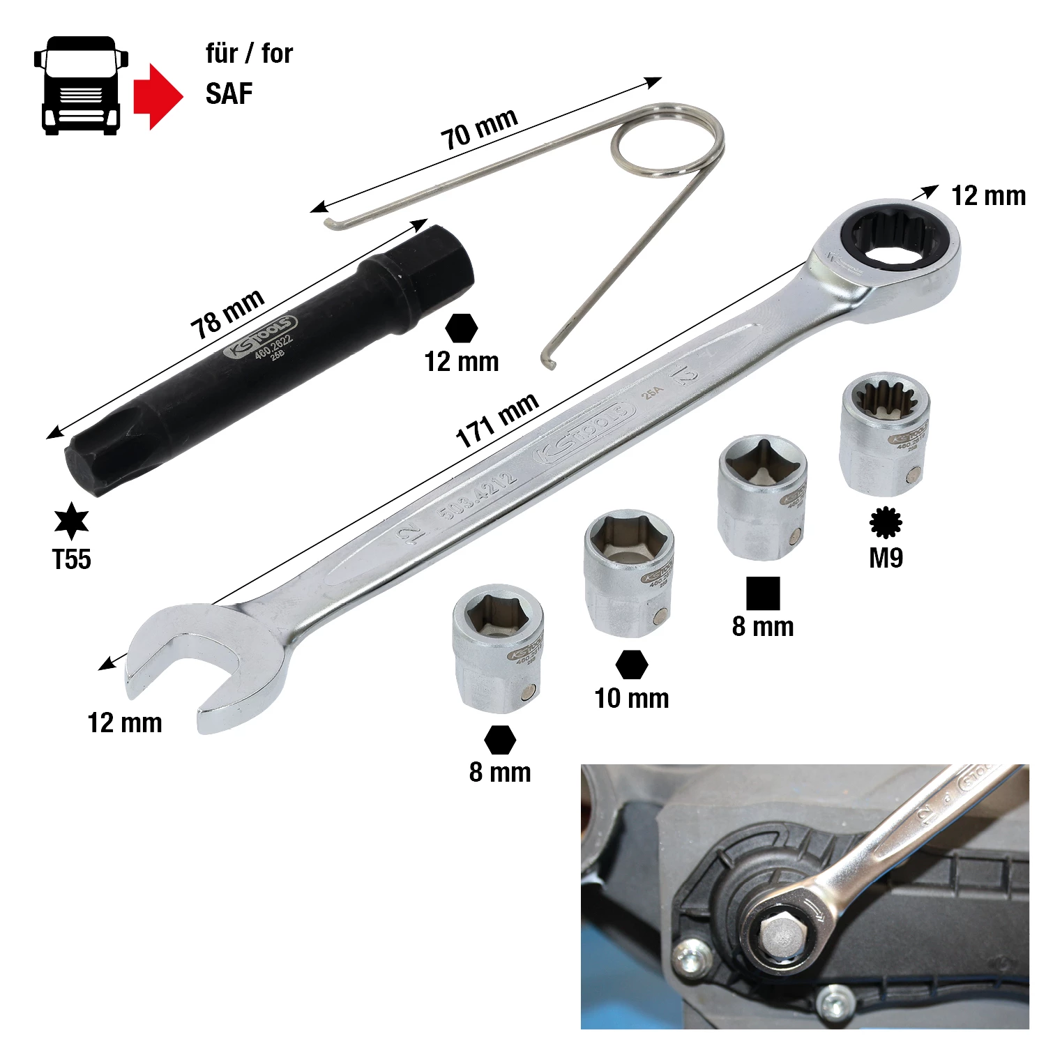 Bromskolvar special-insticksnyckel-sats för WABCO och Knorr skivbromsar. 7 delar