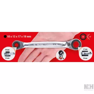 4-i-1 GEARplus dubbel ringspärrnyckel. med spärr. 10x13x17x19mm