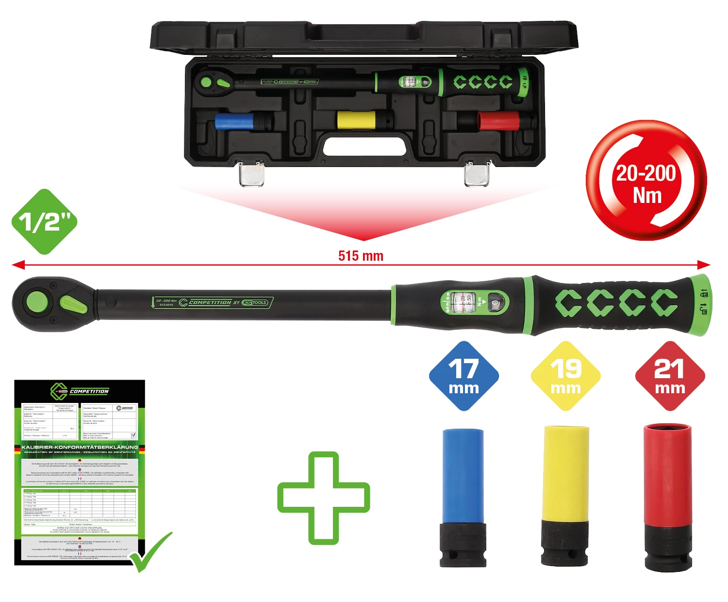 1/2" COMPETITION spärr-vridmomentnyckel-sats. 20-200Nm. 4-delar