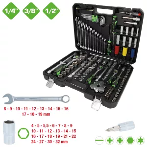 COMPETITION hylsnyckelsats. 132 delar. för motorfordon. 1/4 tum + 3/8 tum + 1/2 tum