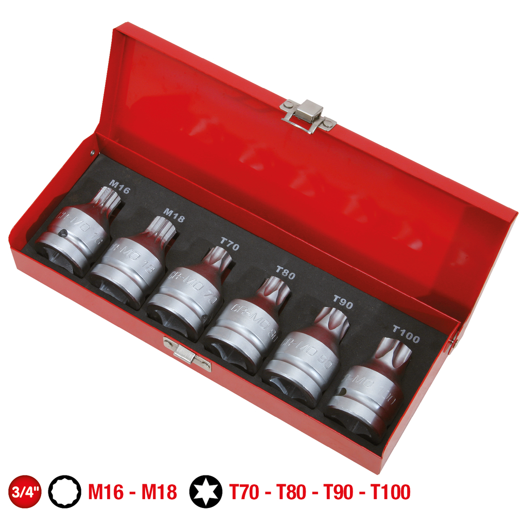 3/4" Kraft-bit-sats. 6-delar. Torx + mångtandad. med hål