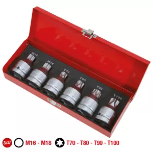 3/4" Kraft-bit-sats. 6-delar. Torx + mångtandad. med hål