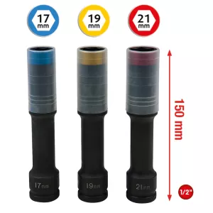 SlimPOWER aluminium-fälgar kraft-hylsa-sats. extra lång. 3-delar. 1/2". 17. 19. 21 mm
