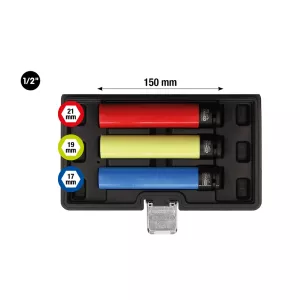 Aluminium-fälgar kraft-hylsa-sats. extra lång. 3-delar. 1/2". 17. 19. 21 mm