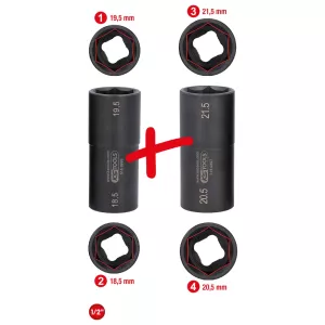 1/2” special-aluminiumfälg-krafthylssats. för Ford. 18.5 / 19.5 / 20.5 / 21.5 mm. 2 delar