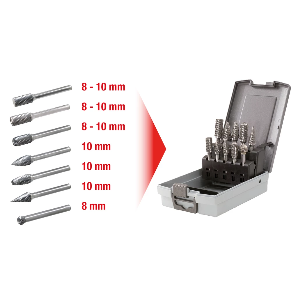 HM frässtiftsats i stålplåtkassett 10-delar