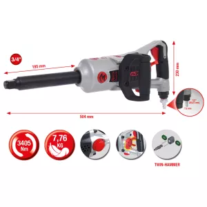 3/4" superMONSTER högpresterande tryckluft-mutterdragare 3405Nm. 504 mm