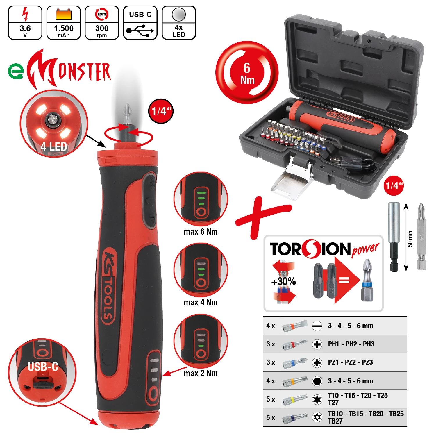 1/4" eMONSTER Sladdlös bitsskruvmejselsats. 27 st. 6 Nm