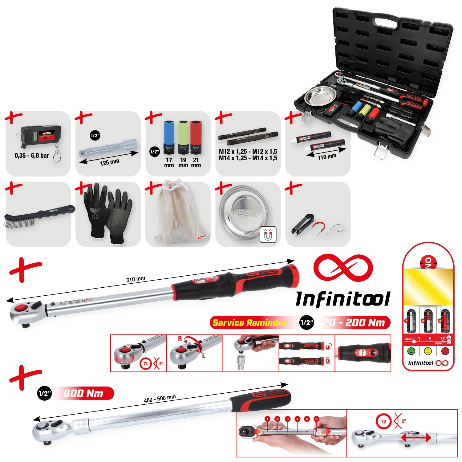 MASTER hjulbytes-service-sats med 1/2" INFINITOOL momentnyckel med spärrskaft. 20–200 Nm. 18 delar