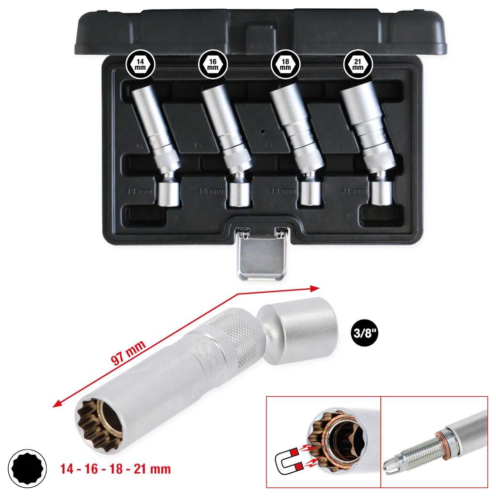 Tändstiftshylssats. 4 delar. magnetisk och ledad. 3/8"