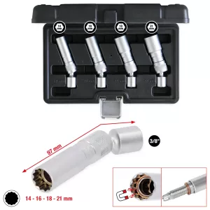 Tändstiftshylssats. 4 delar. magnetisk och ledad. 3/8"