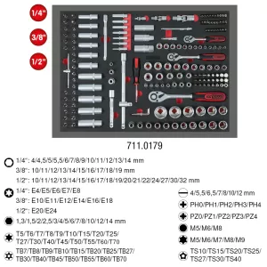 1/4"+3/8"+1/2" hylsnyckel-sats. 179-delar. i 1/1 systeminlägg