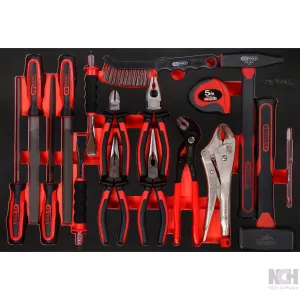 Tång-/hammare-/och mejsel-sats i skuminsats. 17 delar