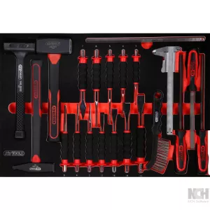 Hammare-/mejsel-/ och fil-sats i skuminsats. 21 delar