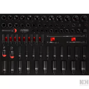 3/ 8"+ 1/2" kraft-hylsnyckel-sats i skuminsats. 73 delar