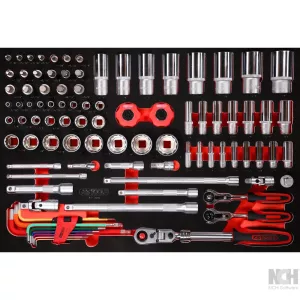 1/4" + 3/8" + 1/2" hylsnyckelsats i skuminsats. 92 delar. tum