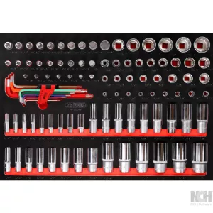 1/4" + 3/8" + 1/2" hylsnyckelsats i skuminsats. 99 delar. tum