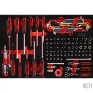 1/4" hylsnyckel-/och skruvmejsel-sats i skuminsats. 105 delar