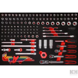 1/ 4"+ 3/8" hylsnyckel-sats i skuminsats. 140 delar