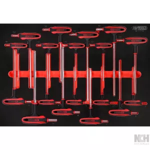 T-handtag- vinkelstiftsnyckel-sats i skuminsats. 18 delar